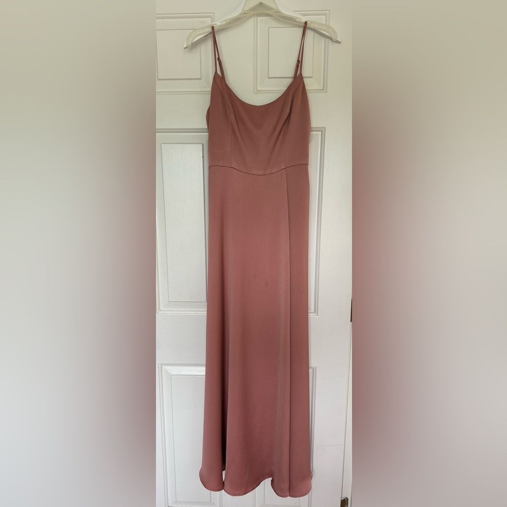 Crepe-Back Satin Spaghetti Strap Bridesmaid Dress - color: desert coral